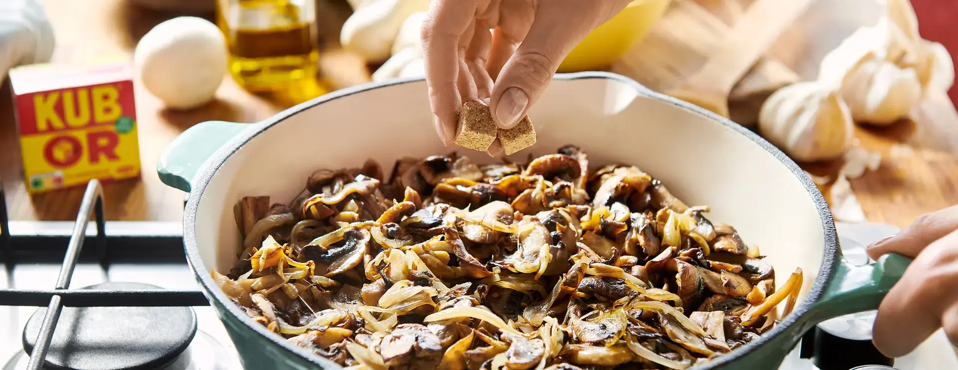 A meal made of mushrooms and Maggi products.