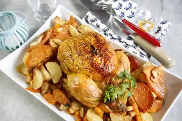 Poulet rôti aux patates douces et panais