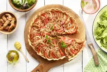 Tarte à la tomate, moutarde, Bouchées Soja & Blé