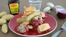 brochettes de saumon champignons, rattes