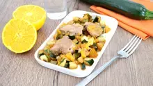 Filet mignon de porc caramélisé à l'Arome, courgette et orange
