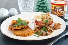Lotte à la poitrine, sauce girolle et marron, rostis de patate douce