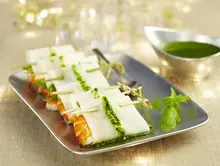 Ballotins de crevettes et roquette, pesto de menthe à l'Arome