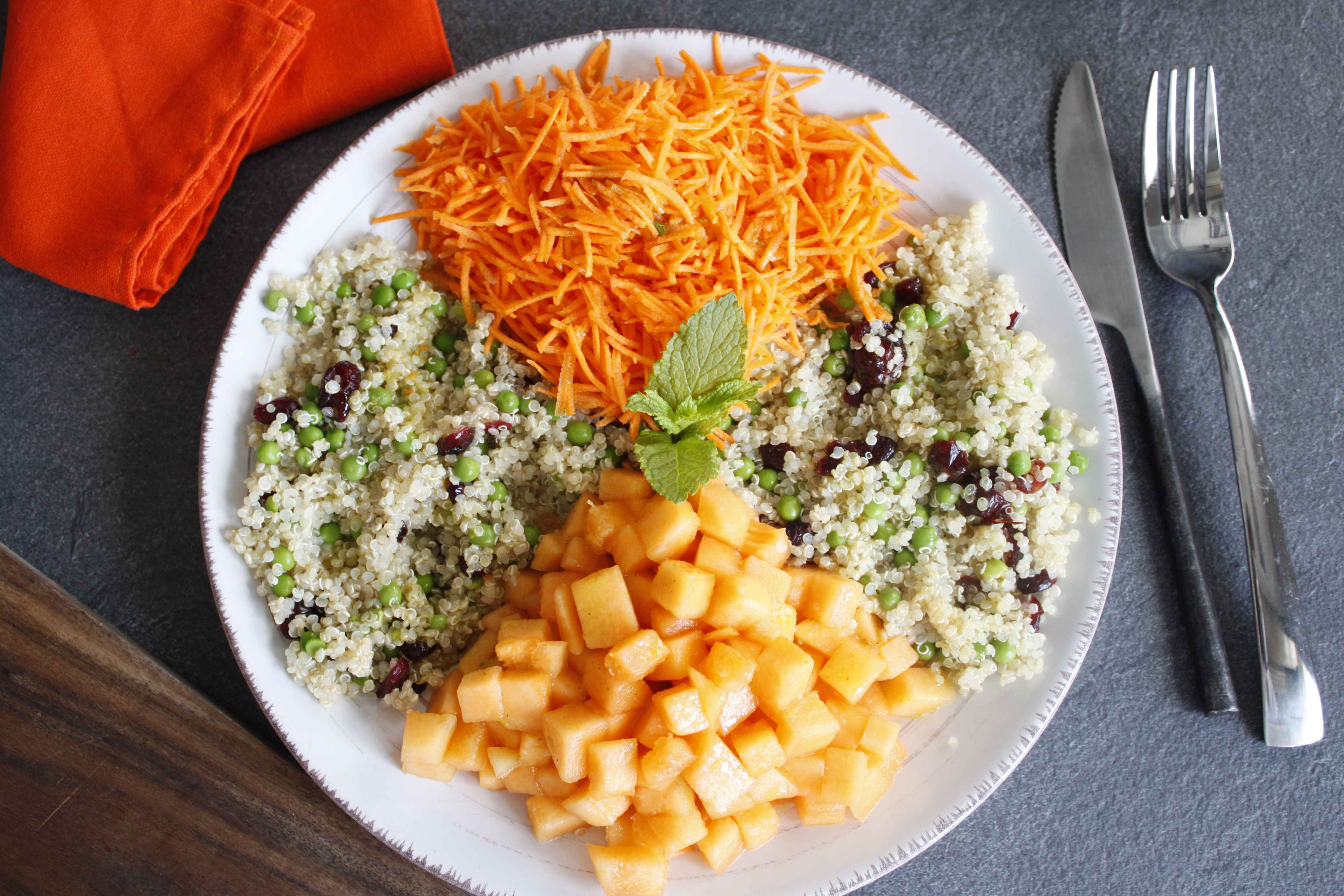 Buddah bowl carotte, melon, quinoa