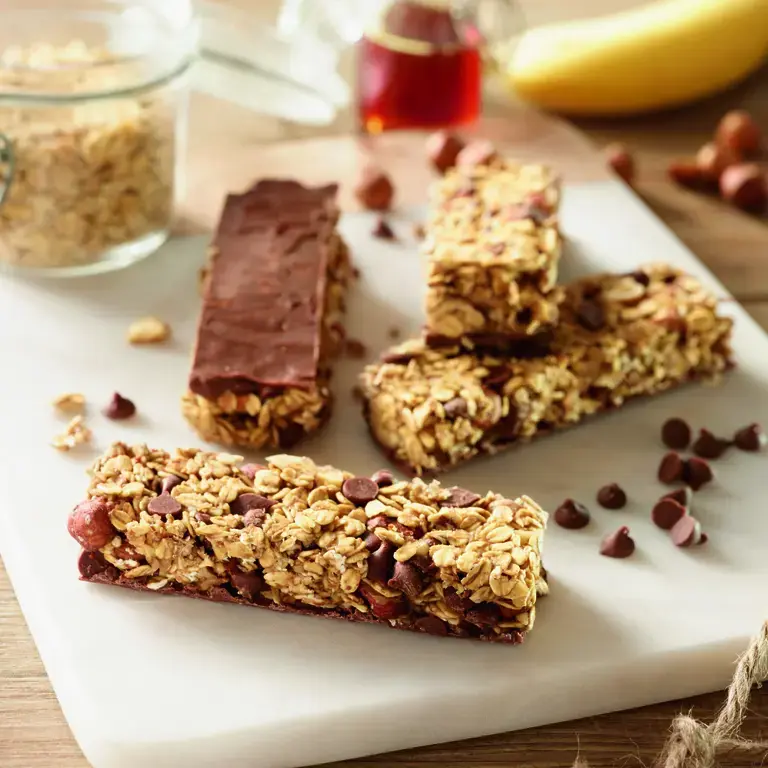 Barres de céréales à l'avoine, noisettes, banane et pépites de chocolat