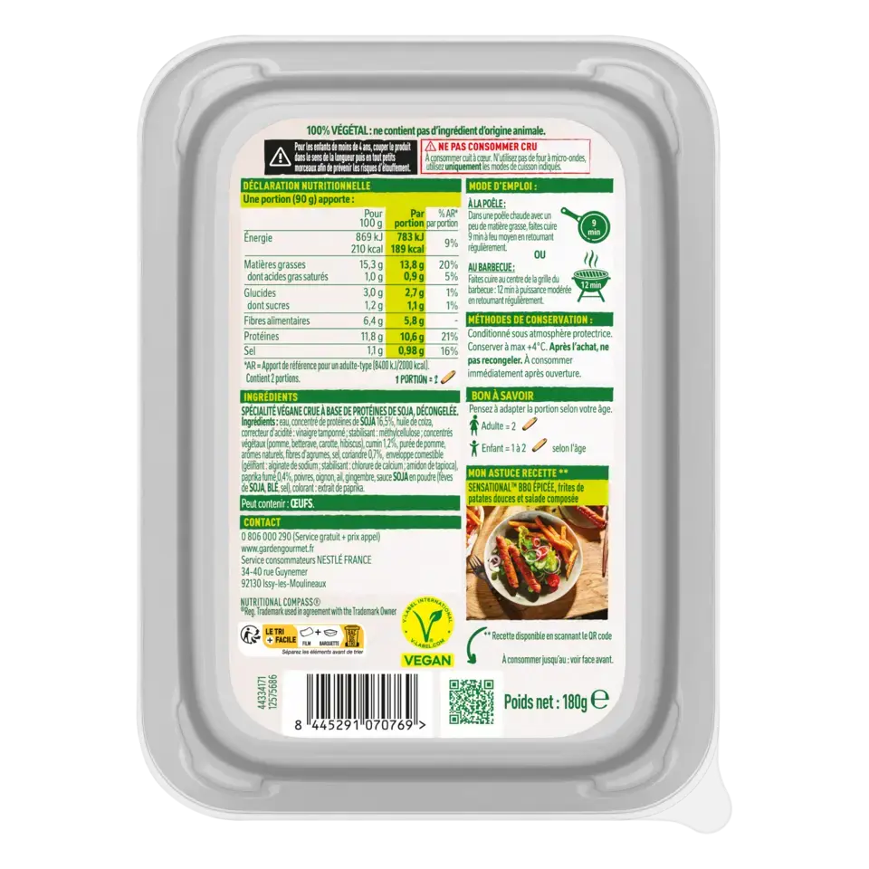 GARDEN GOURMET Sensational Sausages Merguez Container 180g FR