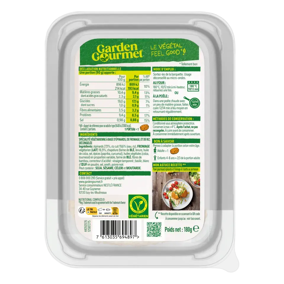 GARDEN GOURMET Spinach &amp; Cheese Burger Peel Pack 48x180g FR